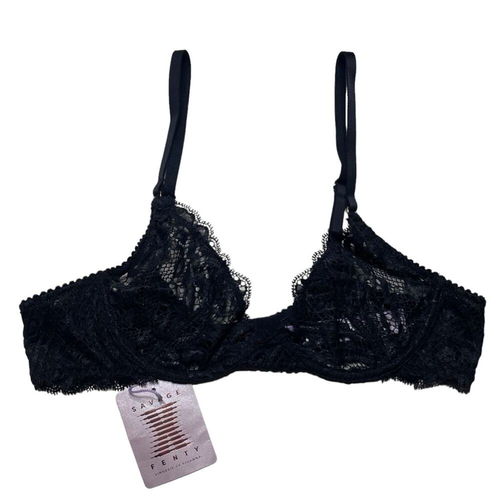 Savage X Fenty Alien Animal Unlined Lace Plunge Bra Black Caviar Size 36A